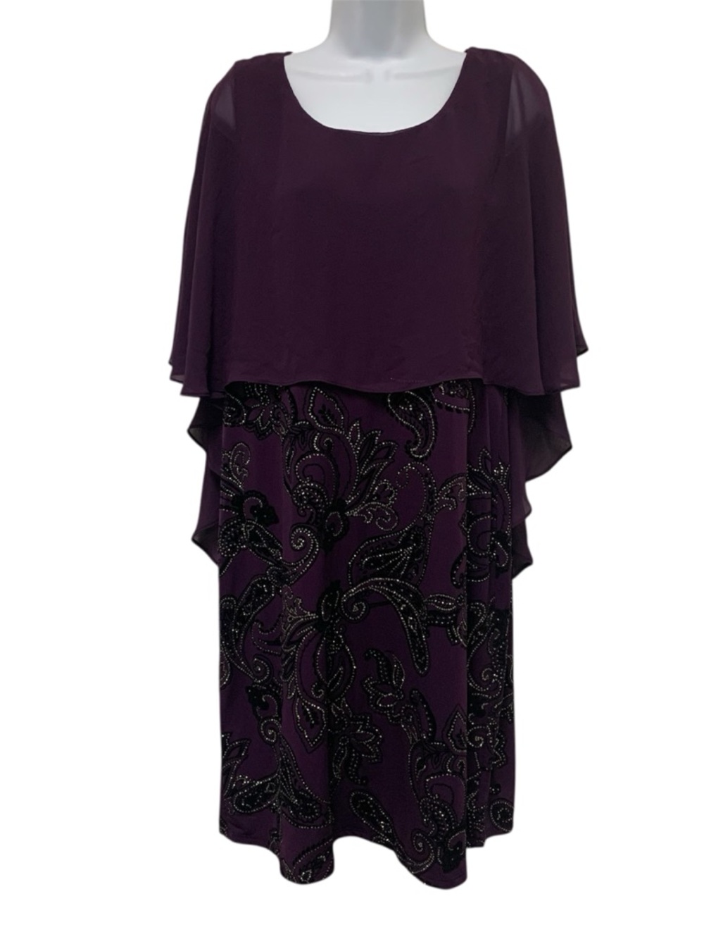 JM Studio Women’s Purple Shift Cocktail Embellished Dress Sz 14 Poncho Overlay